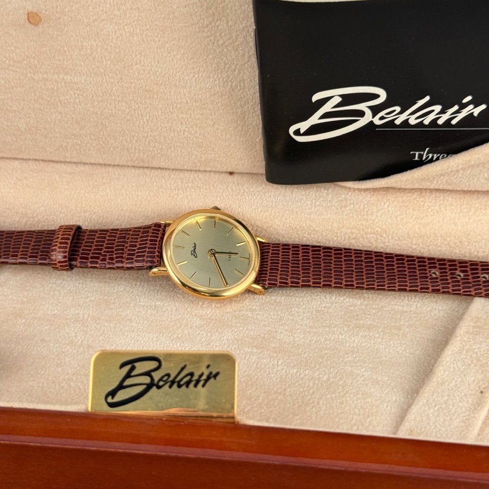 Vintage Ladies Belair Watch 18 Karat Gold Plated has Raised Markers, Gold Hands